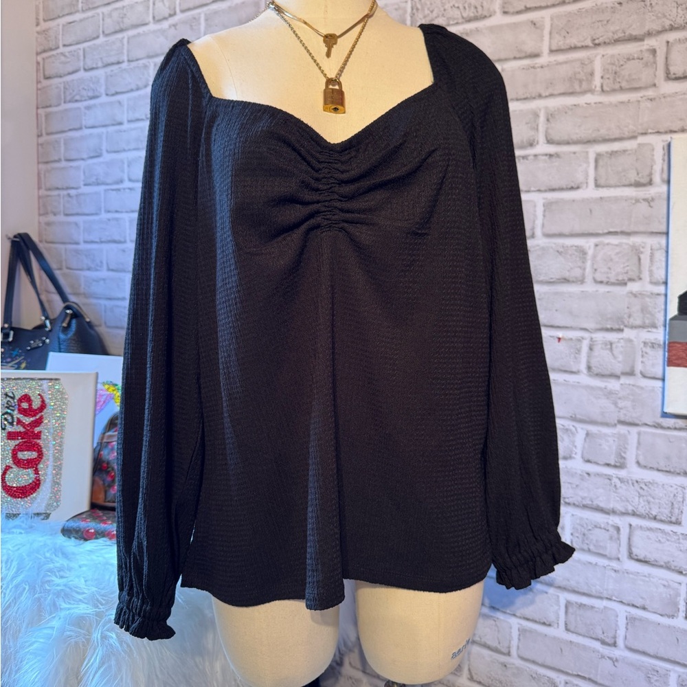 Michael Kors Black Ruched Sweetheart Long-Sleeve Top